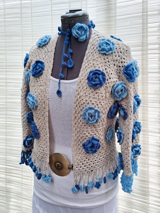 Handmade Sweaters - BOHO Blue 3D Floral Fringe Granny Square Sweater and Rose Wrap Choker M/L